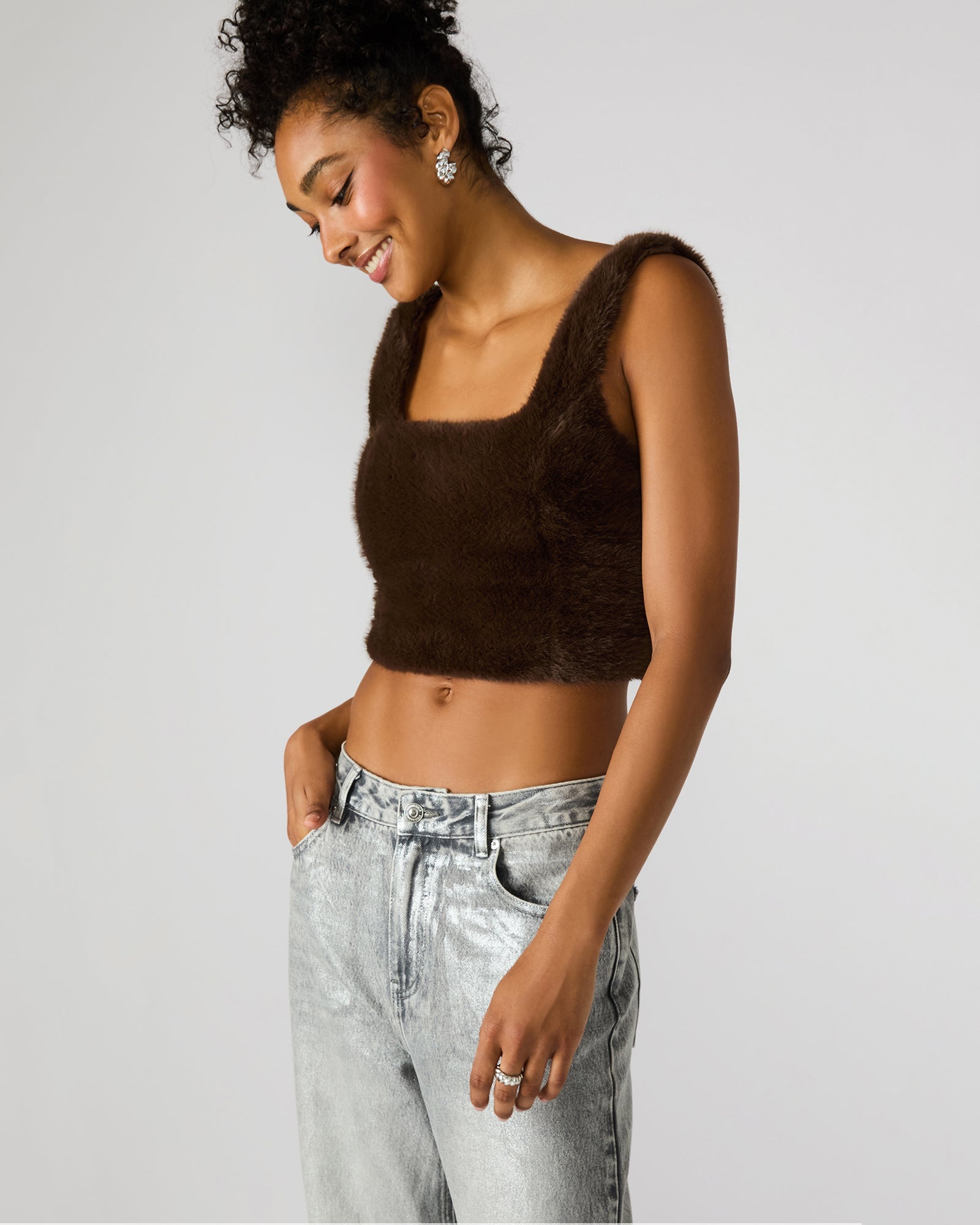 HANNIA FAUX FUR TOP DARK ESPRESSO