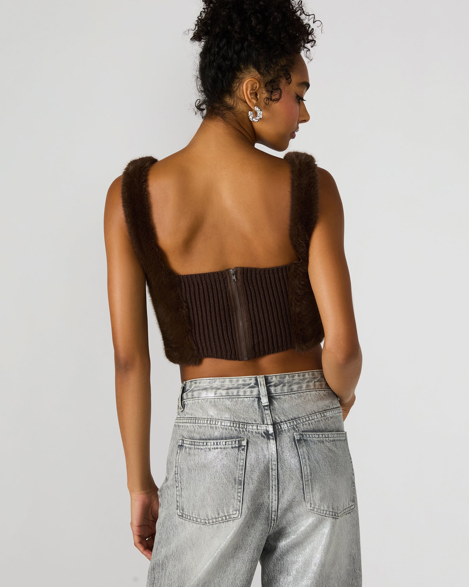 HANNIA FAUX FUR TOP DARK ESPRESSO
